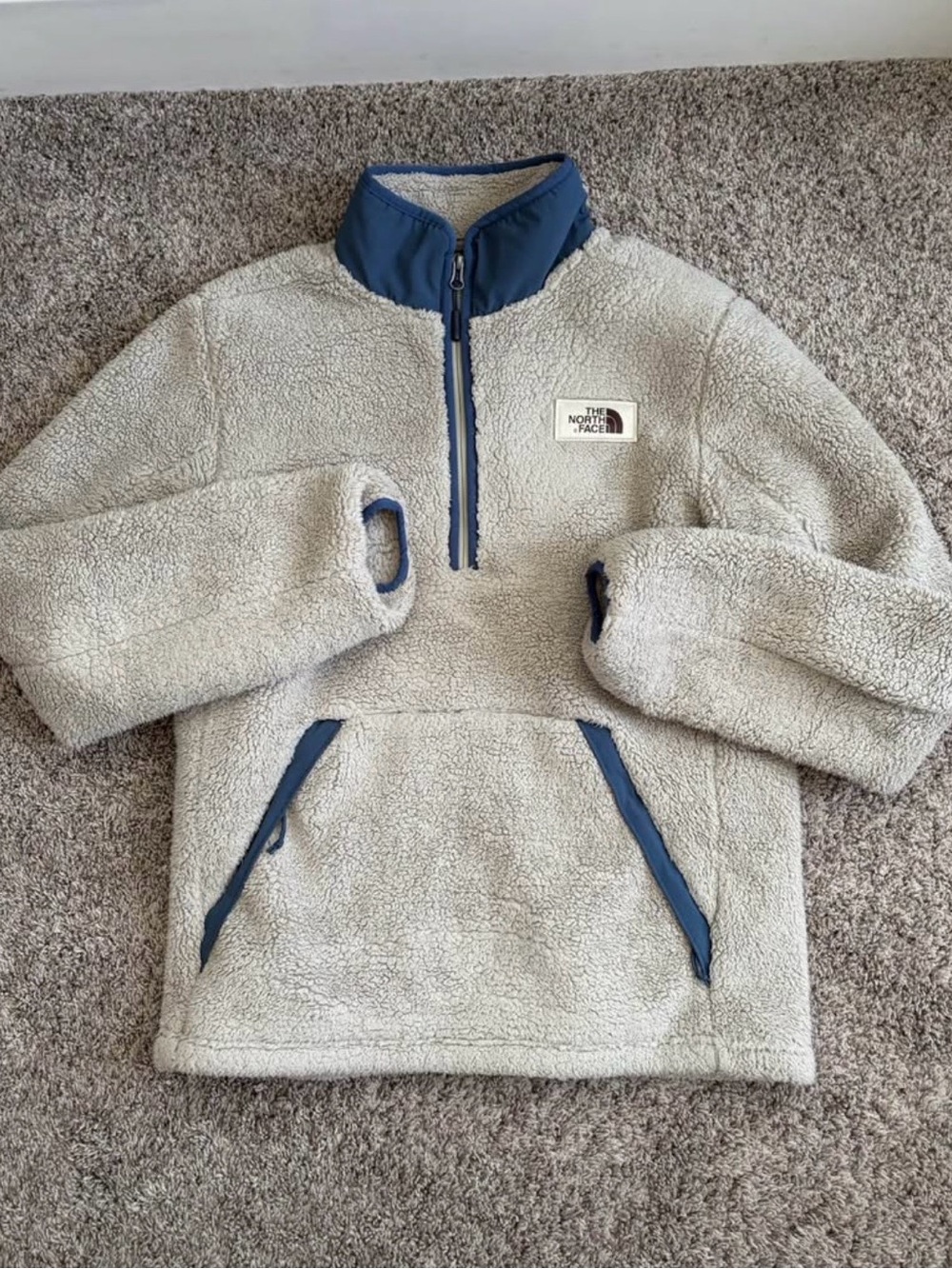 The North Face Cream Sherpa Half-Zip Pullover with Blue Trim